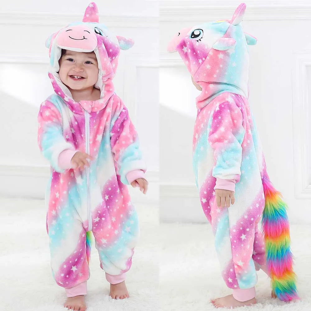 Baby Kigurumis Pajama Toddler Winter Cartoon Jumpsuit Boys Girls Plush Flannel Overalls Kids Bear Lion Penguin Dino Costumes