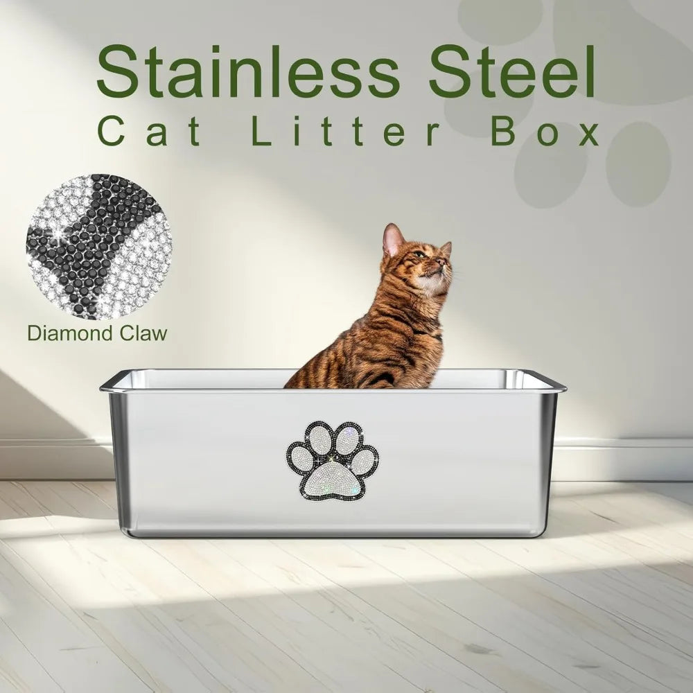 Stainless Steel Cat Litter Box High Side, XL Metal Litter Pan with Bling Paw, Kitten Toilet Pet Cleaning Tool for Big & Small Ca
