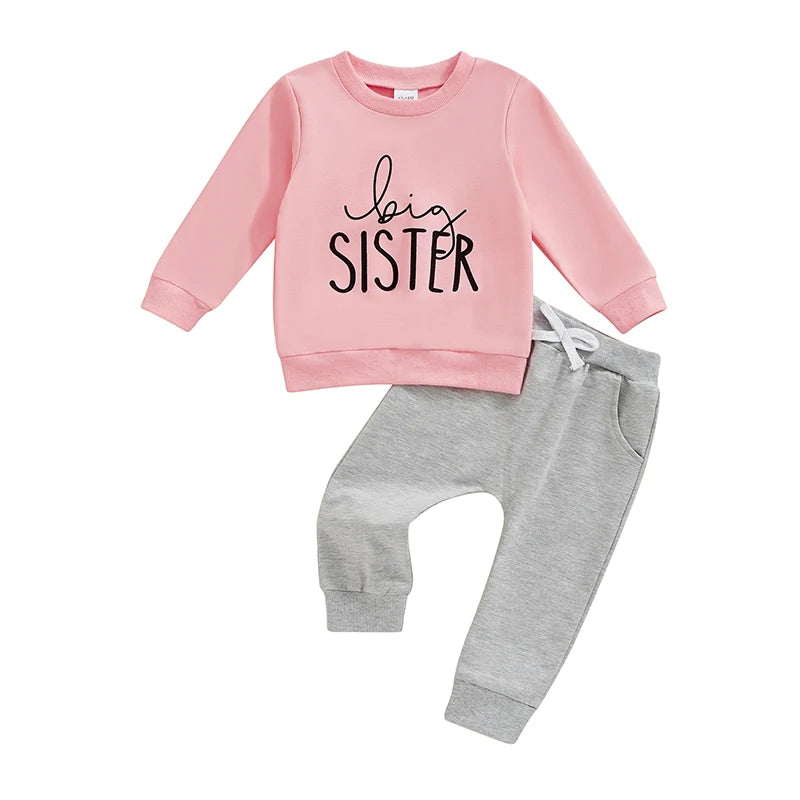 Baby and Sister Matching Outfits Letter Print Long Sleeve Pullover Sweatshirt Elastic Waist Pants for Fall Winter