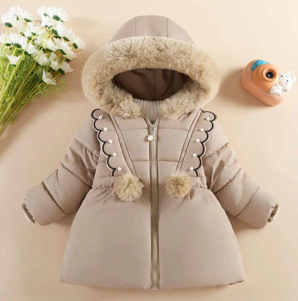 2025 Hooded Windproof coat Winter Girls Outwear Children Thick Cotton Coat Kids Girls Warm Pearls Jacket Plush Collar Outdorr