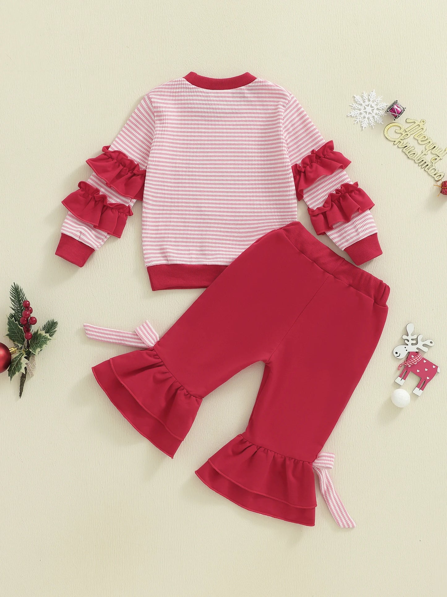Girls Christmas Outfit Long Sleeve O Neck Reindeer Embroidery Polka Dot Tops Ruffle Pants Sets with Bow Headband