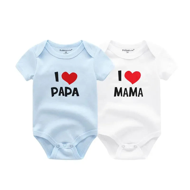 Newborn Twin 2 Pcs Baby Bodysuits - Four Seasons 100% Soft Cotton "I love Papa Mama" Onesies for Boys Girls