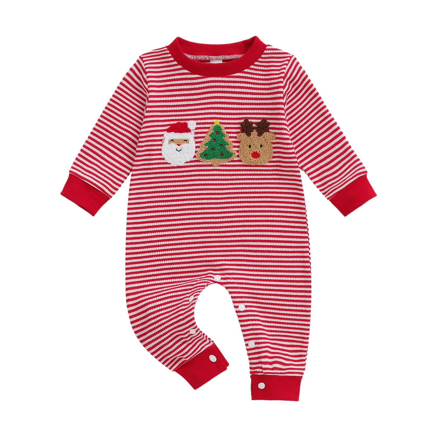 Infant Unisex Winter Romper Snowflake Embroidery Round Neck Long Sleeve Cozy Striped for Holiday Season