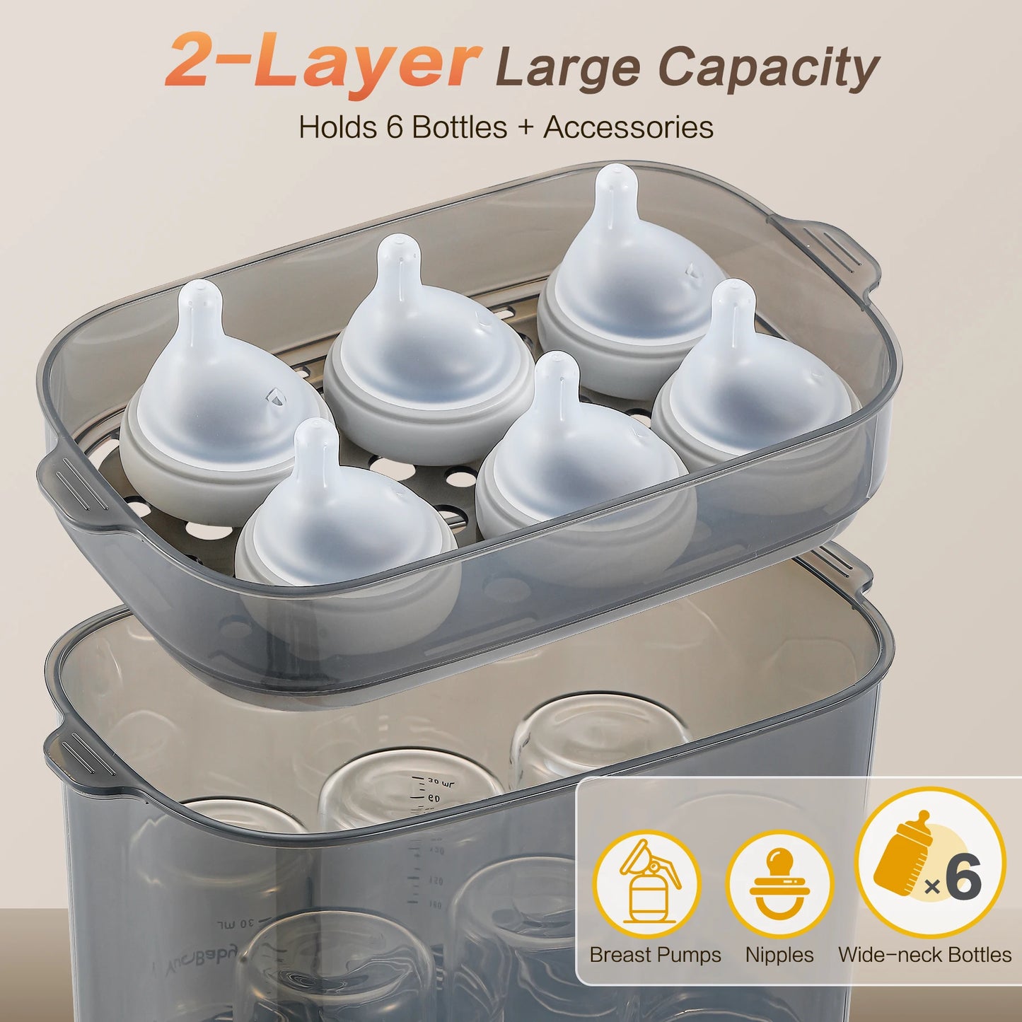4-in-1 72H Storage, 30-Min Dry, 6 Bottles + Accessories,99.99% Germ-Free Baby Bottle Sterilizer & Dryer