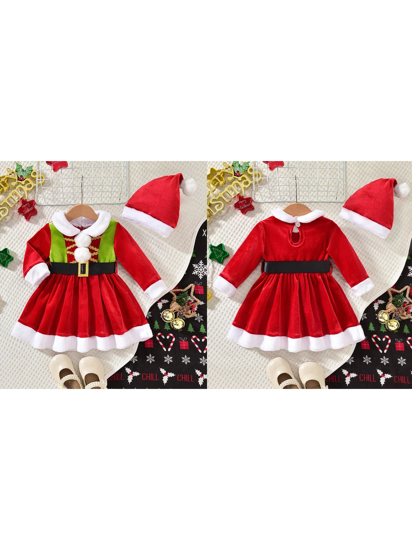 Toddler girl Christmas outfit, red dress and Santa hat.