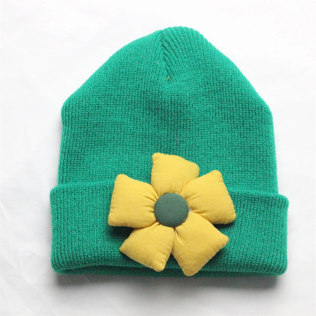 Flower Winter Knitted Hat for Baby Girl Hair Accessories Newborn Cute Winter Crochet Beanie with Fabric Sun Flower Infant Bonnet