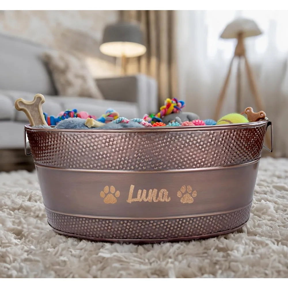 Personalized Metal Dog Toy Bin - Copper Galvanized Storage Bin with Handles, Basket for Pet Toys, Dog Toy Box, Pet Storage - Cus