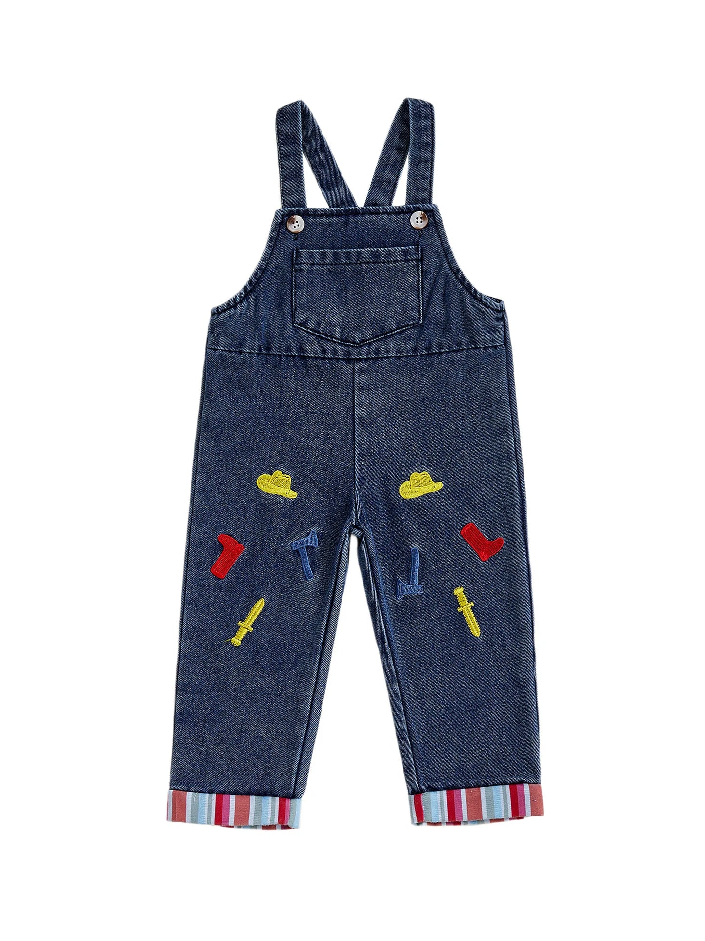 Stylish Toddler Denim Overalls with Embroidered Cowboy Hat and Boots Striped Legs Jumpsuit for a Western Vibe