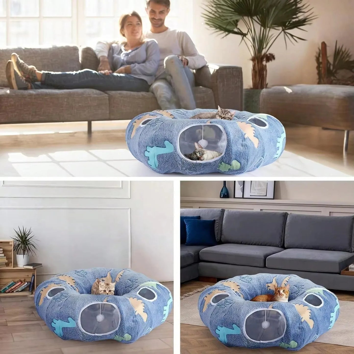 3 in 1 Cat Tunnel Foldable Storage Glows at Night with Washable Round Mat 4 Openings Design for up to 10kg Cats Rabbits Puppies