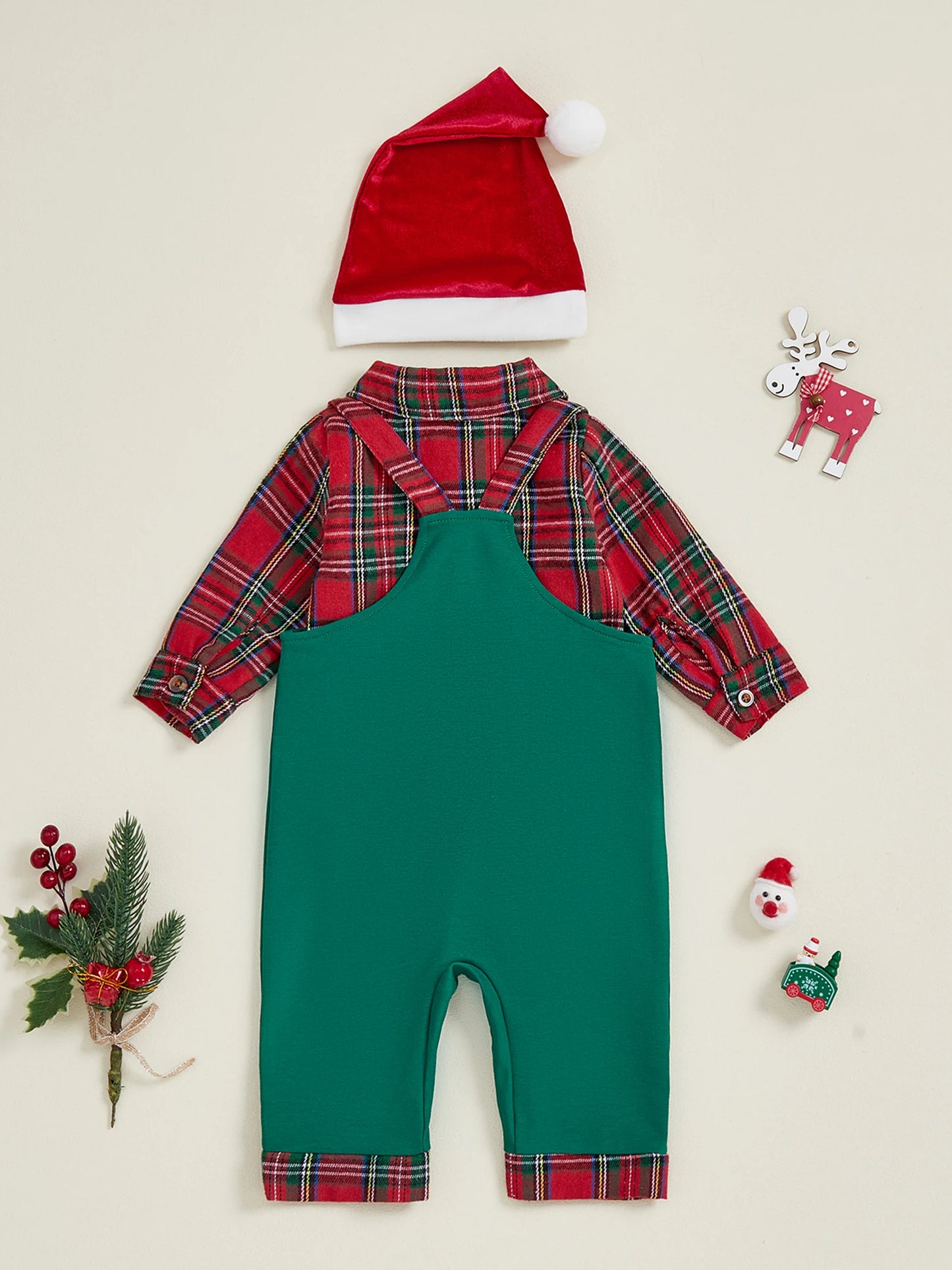 Toddler Boy Winter Outfit Plaid Shirt Long Sleeve Overalls Pants and Hat 3Pcs Christmas Clothes Set Letter Embroidery Jumpsuit