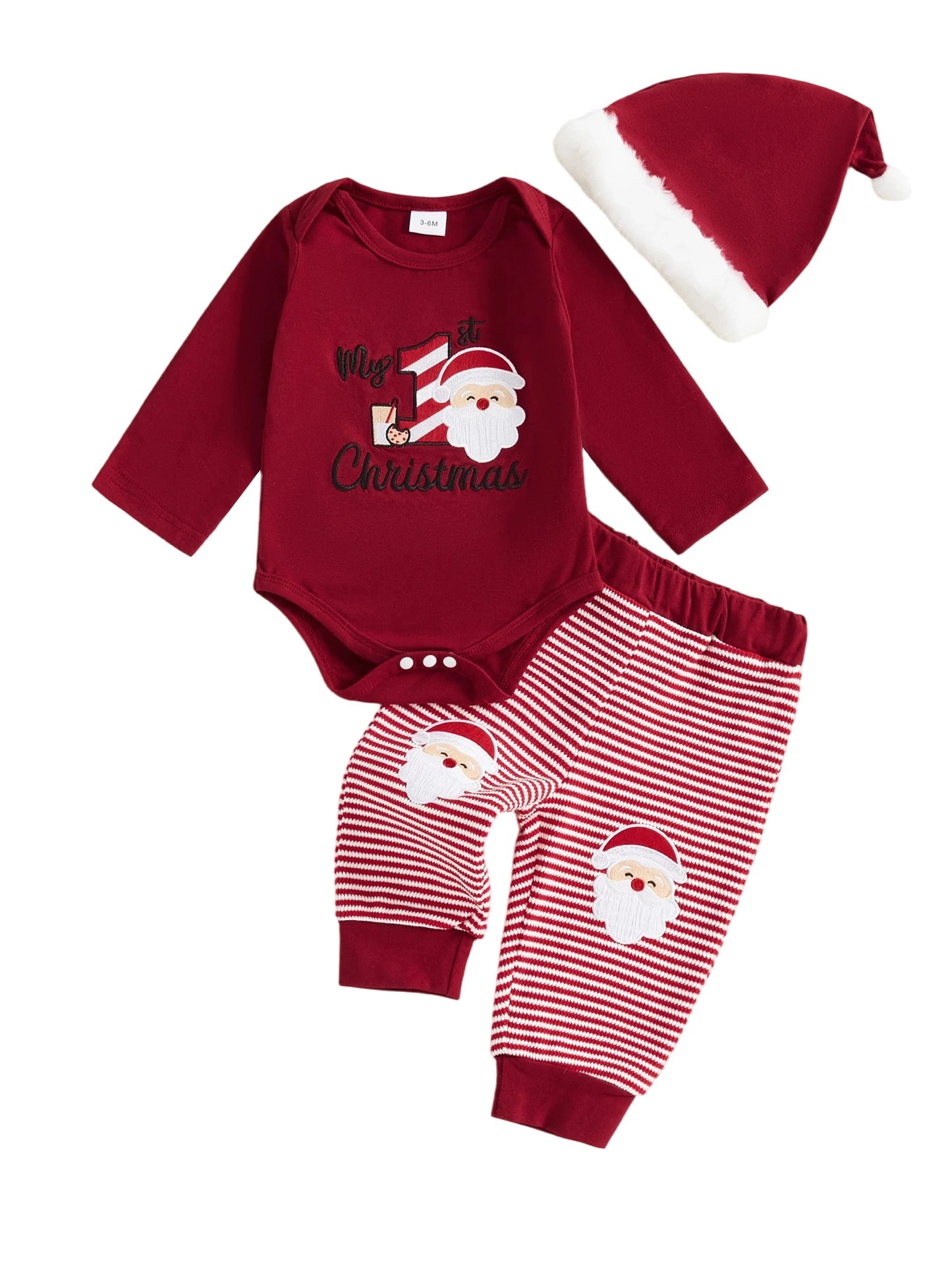Toddler Boy Winter Holiday Outfit Santa Claus Embroidered Romper Striped Pants and Hat 3-Piece Set for Christmas