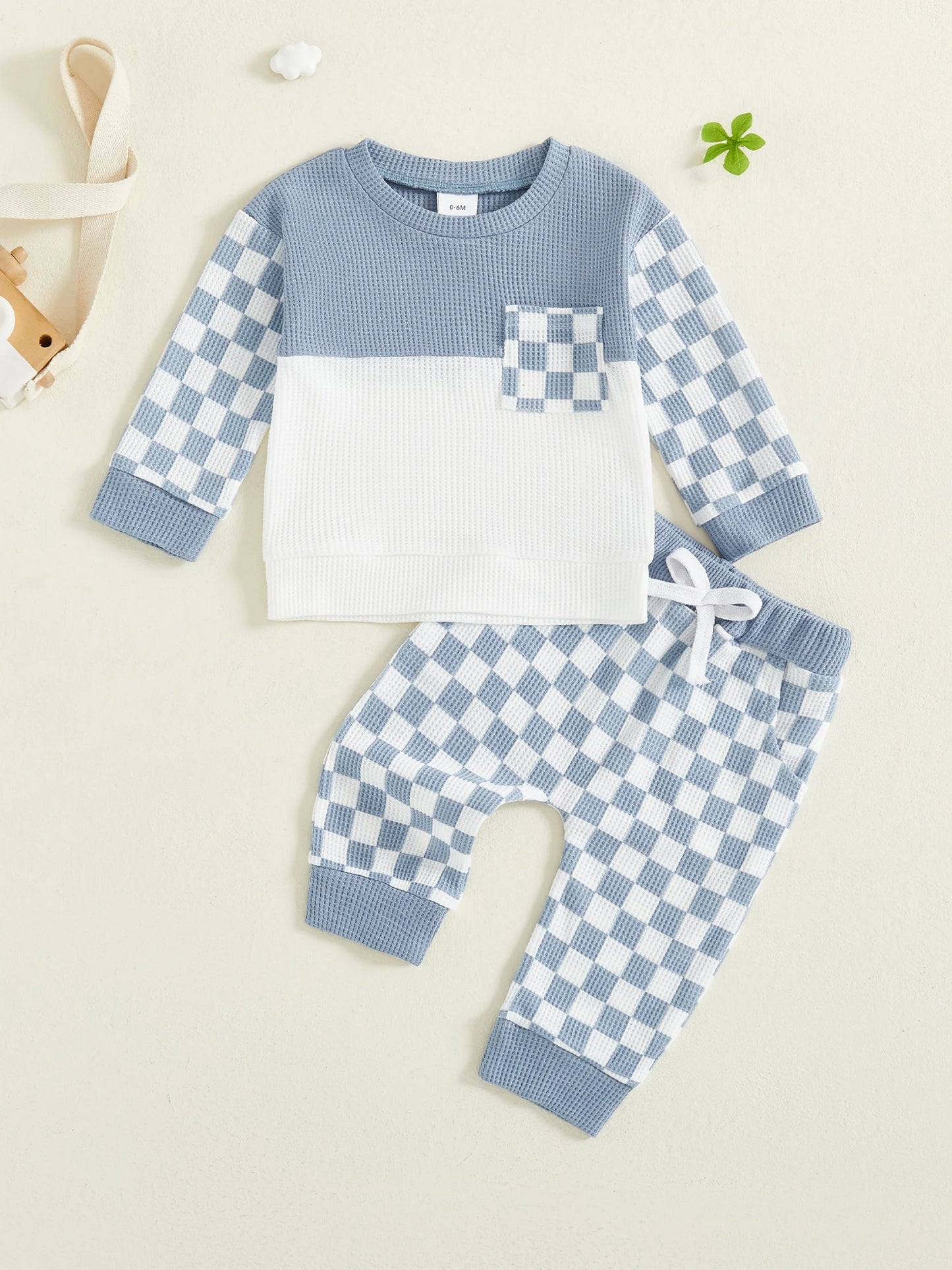 Toddler Boy Fall Waffled Outfits Checkerboard Long Sleeve Pocket Pullover Elastic Waist Long Pants 2 Pcs Set