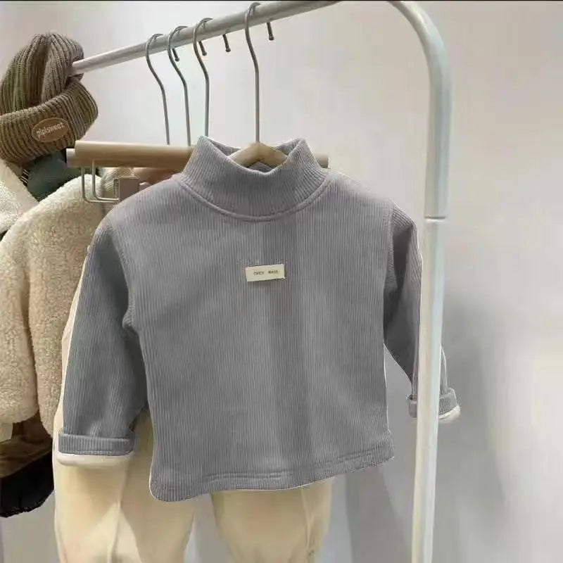 Autumn Winter Unisex Children Velvet T-Shirt Solid Warm Half High Collar Long Sleeve Base Shirt