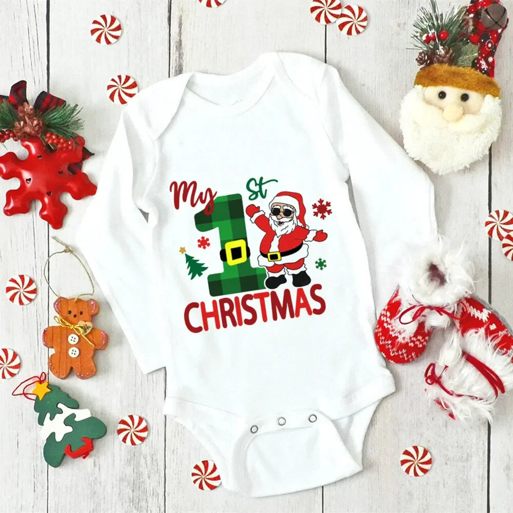 My First Christmas Newborn Baby Long Sleeve Romper Cartoon Deer Santa Printed Outfit Infant Baptism Bodysuit Clothes Xmas Gift