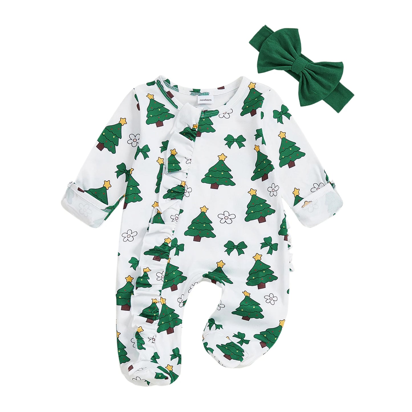 Cute Baby Boy Christmas Romper Reindeer Print Long Sleeve Snap Up Footed Jumpsuit with Matching Hat and Socks