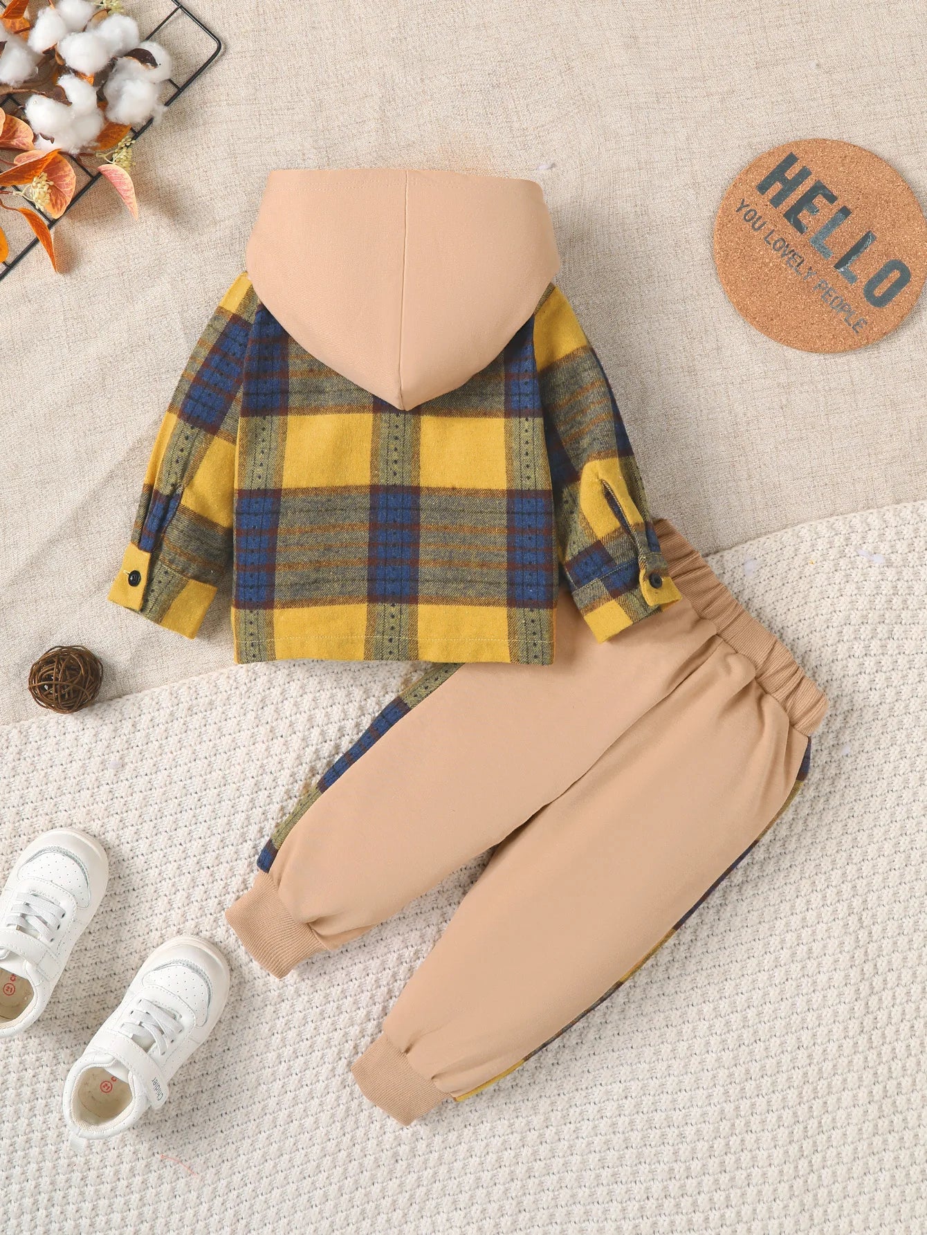 Winter 1-4 Years Old Cool Boys Checkered Hooded Sweatshirt And Sports Pants Casual 2-Piece Set