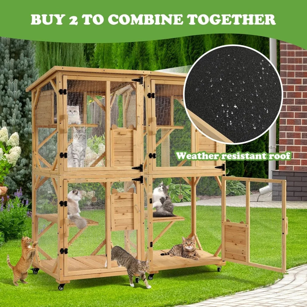 Multi-Level Outdoor Cat Enclosure with Window Access, Portable Indoor Cat House, Removable Floor for Large Cats