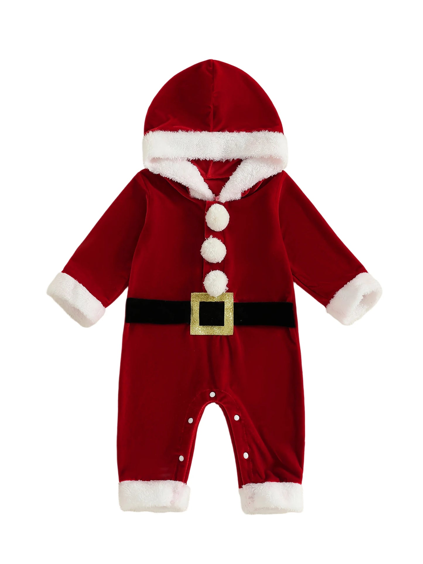 Infant Holiday Red Velvet with Festive Belt Design Long Sleeves Hood and Santa Print - Adorable Christmas Outfit