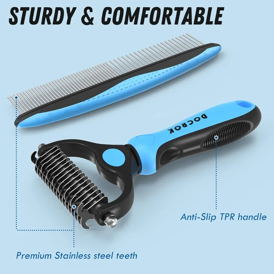 Pet Grooming Combo Blue Deshedding Brush with Metal Comb for Detangling and Dematting Long Matted Fur on Cats and Dogs Ideal fo
