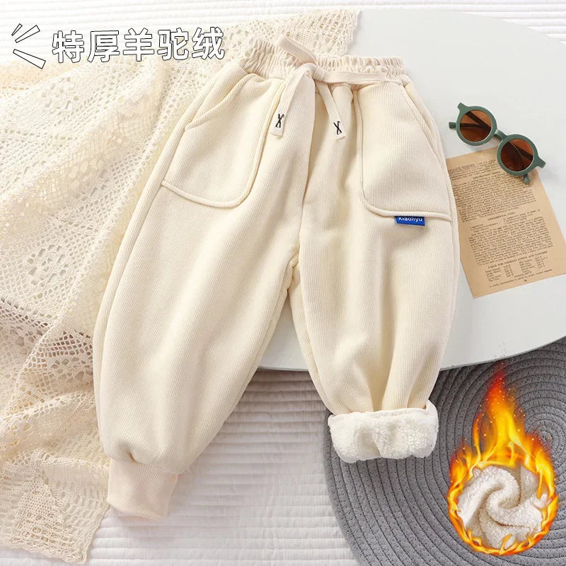 New Boys 2-12Y Winter Thick Sweatpants For Girls Casual Pants Boy Student Loose Sports Pants Baby Pockets Kids Trousers