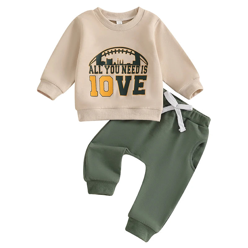 Toddler Unisex Autumn Clothes Set Long Sleeve Round Neck Letter Print Top with Bow Tie Solid Color Trousers for Baby Girl Boy