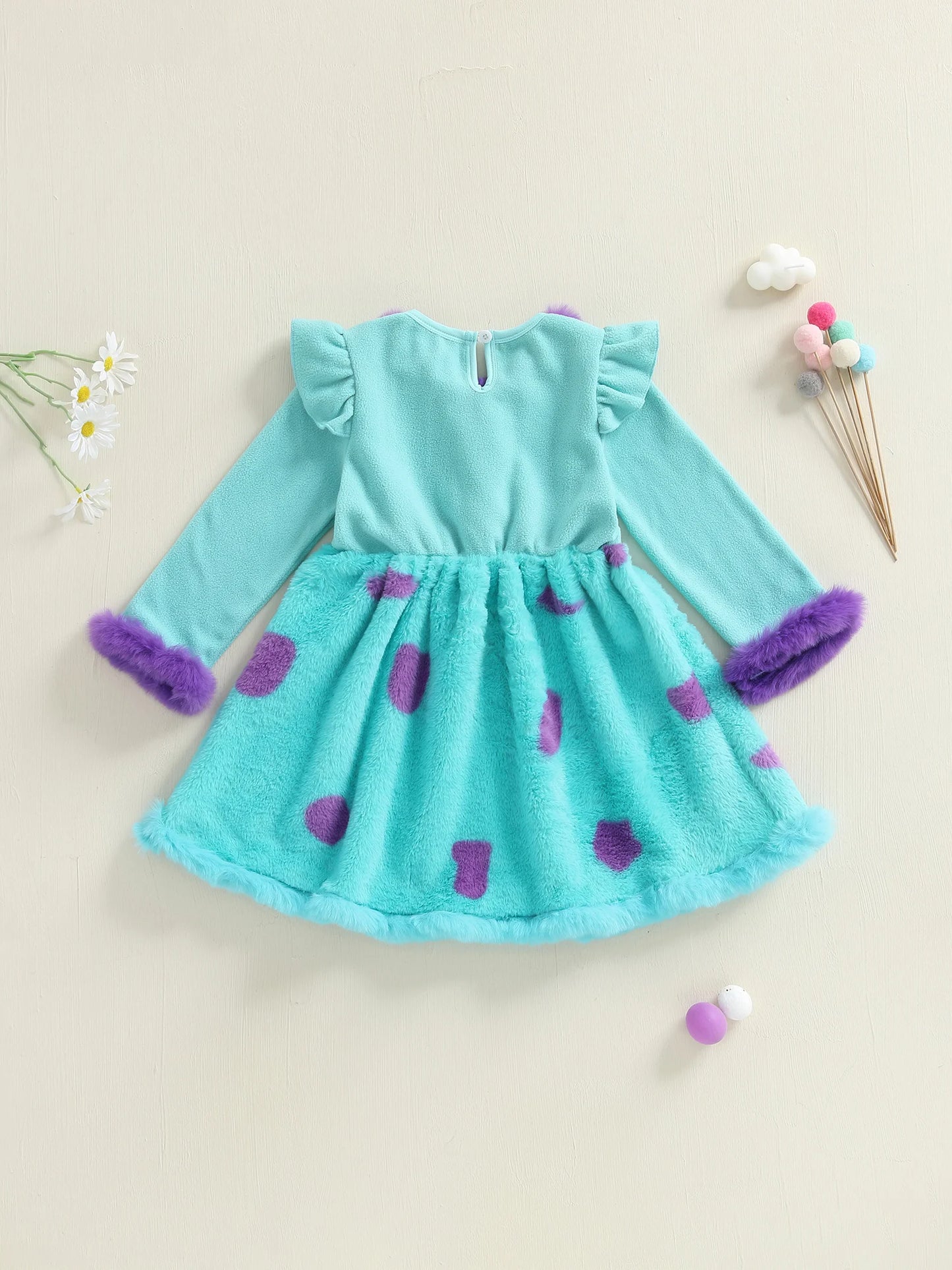 Cute Baby Girl Winter Fleece Dress Polka Dot Pattern Warm Round Neck Long Sleeve Party A-Line Dress for Toddler