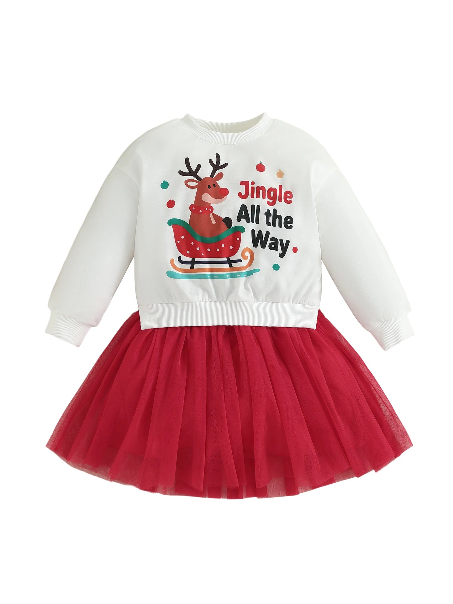 Girls Christmas Dress with Snowflake Print and Bow Detail Round Neck Long Sleeves Tulle Patchwork Dress