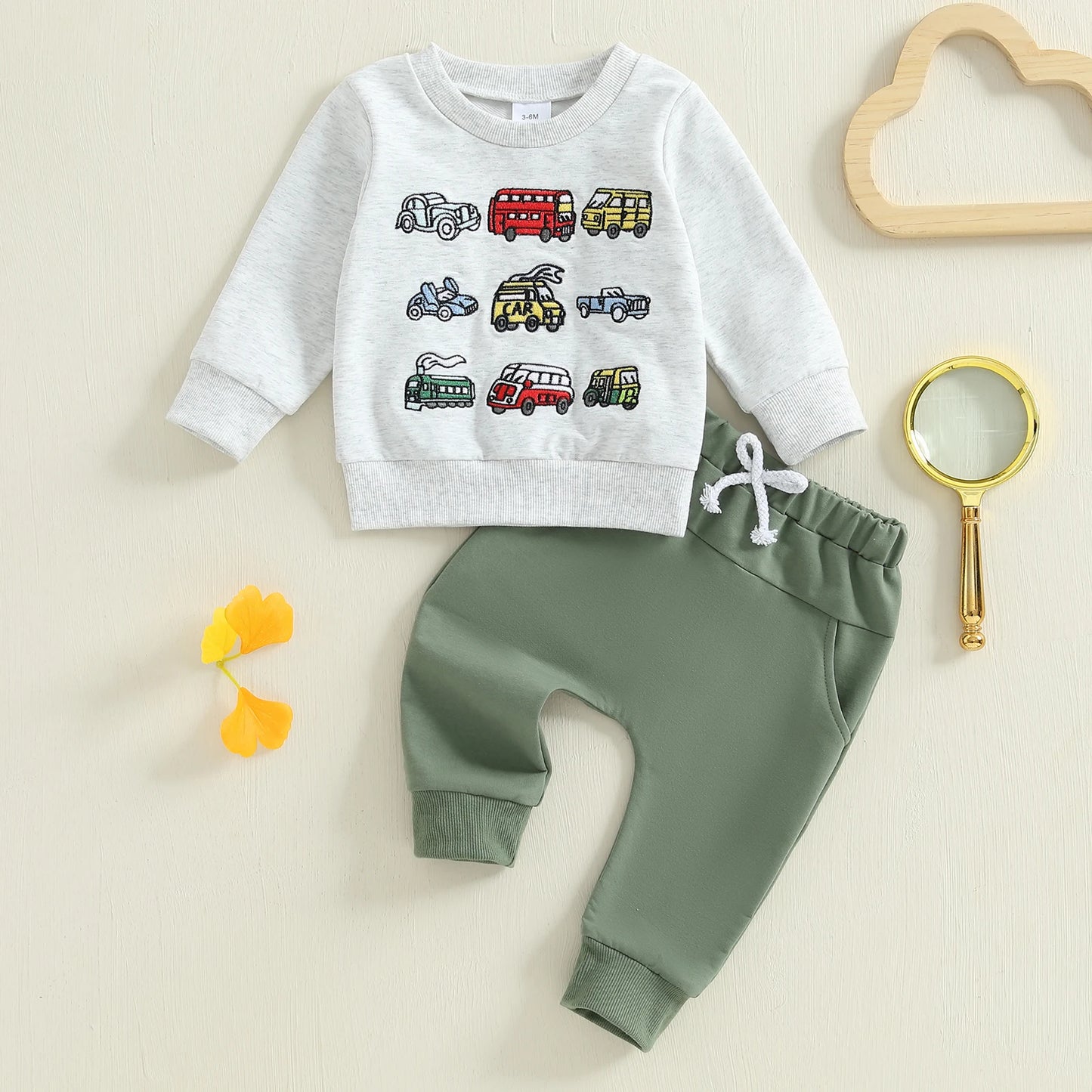 Cute Toddler Boy Autumn Clothes Cars Print Sweater Elastic Waist Pants 2 Piece Set for Fall Season Style