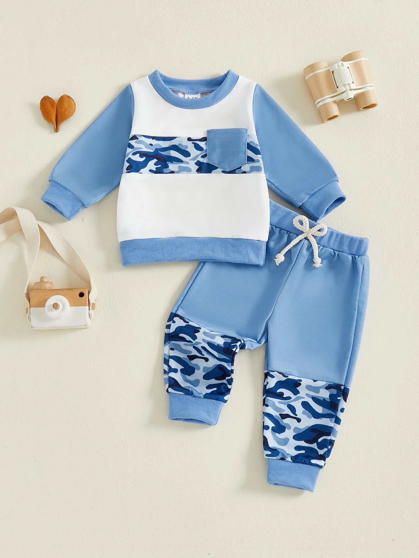 Baby Boy Autumn Clothes Camo Print Long Sleeve Crew Neck Sweatshirt Stretchy Waistband Trousers 2 Piece Suit