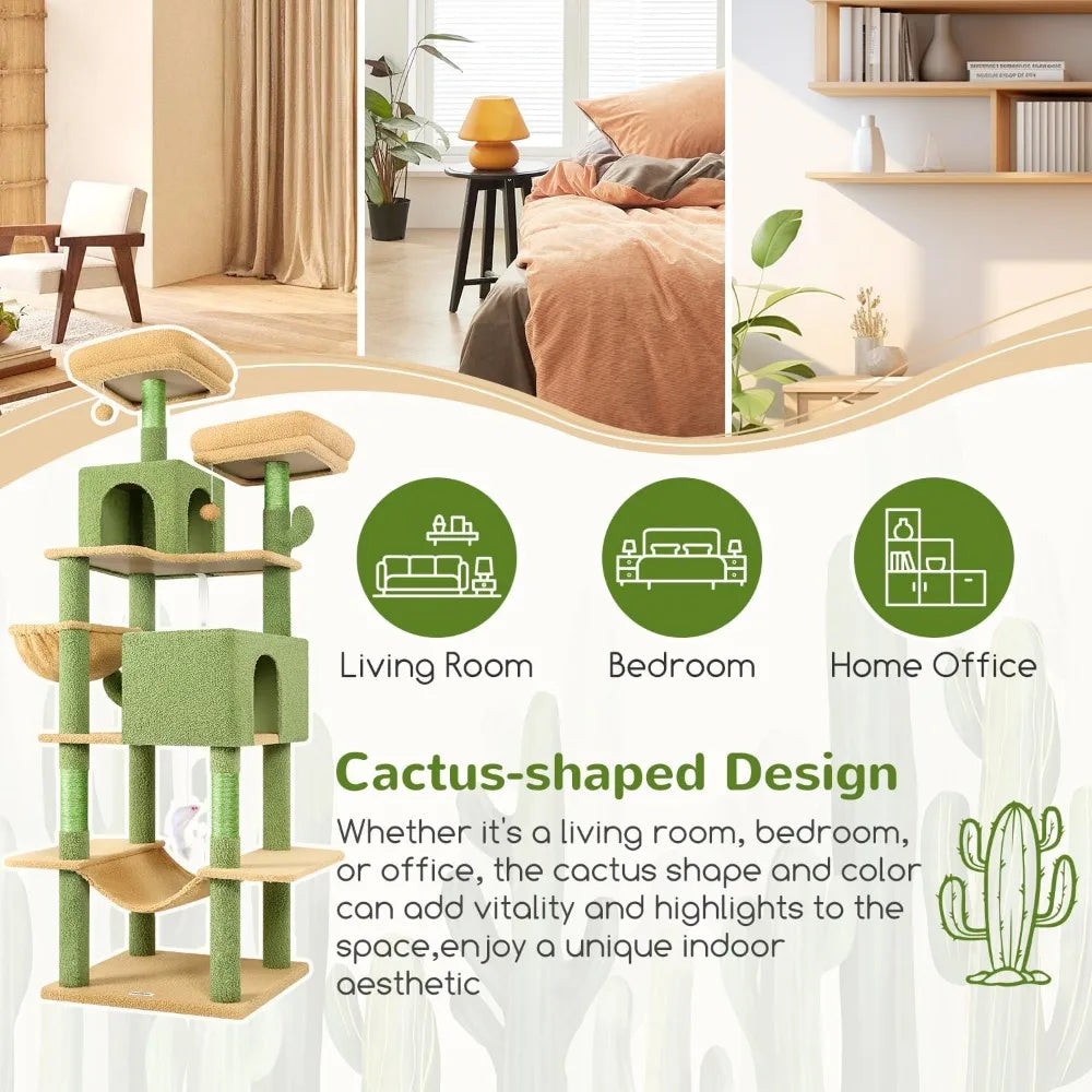 Cactus Cat Tree Tower 76-Inch Extra Tall Multi-Level Cat Furniture with Cozy Condos, Interactive Toys and Perches for Large Cats