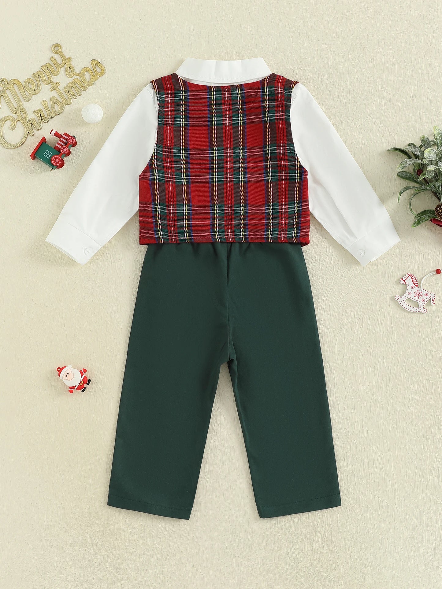 Baby Boy Formal Suit Set with Bow Tie Button-up Shirt Plaid Vest and Elastic Pants for Christmas Party or Special Occasions