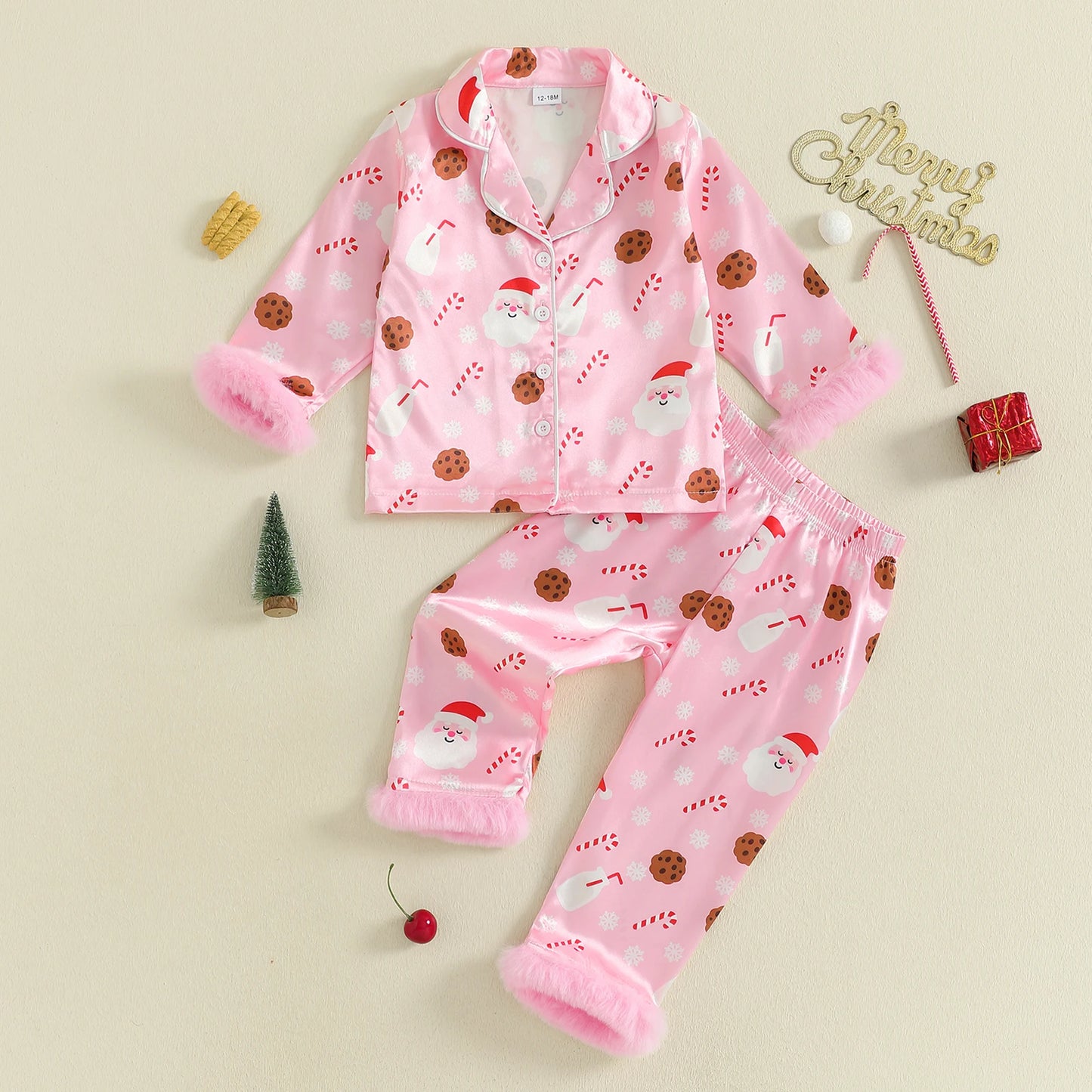 Christmas Toddler Girl Satin Pajamas Set with Reindeer Print Lapel Long Sleeve Button Down Tops and Pants Sleepwear for Winter