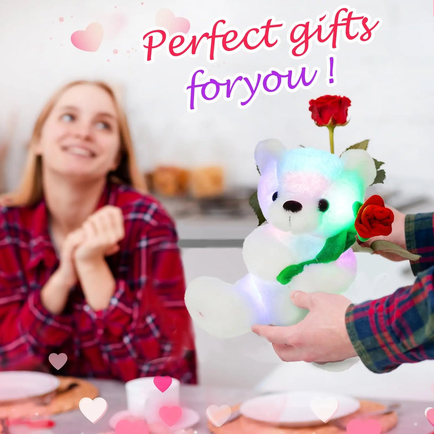 Glow White Teddy Bear with Rose Stuffed Animal Soft Light Up Plush Toy LED Night Lights Birthday Holiday Gifts for Kids Toddler