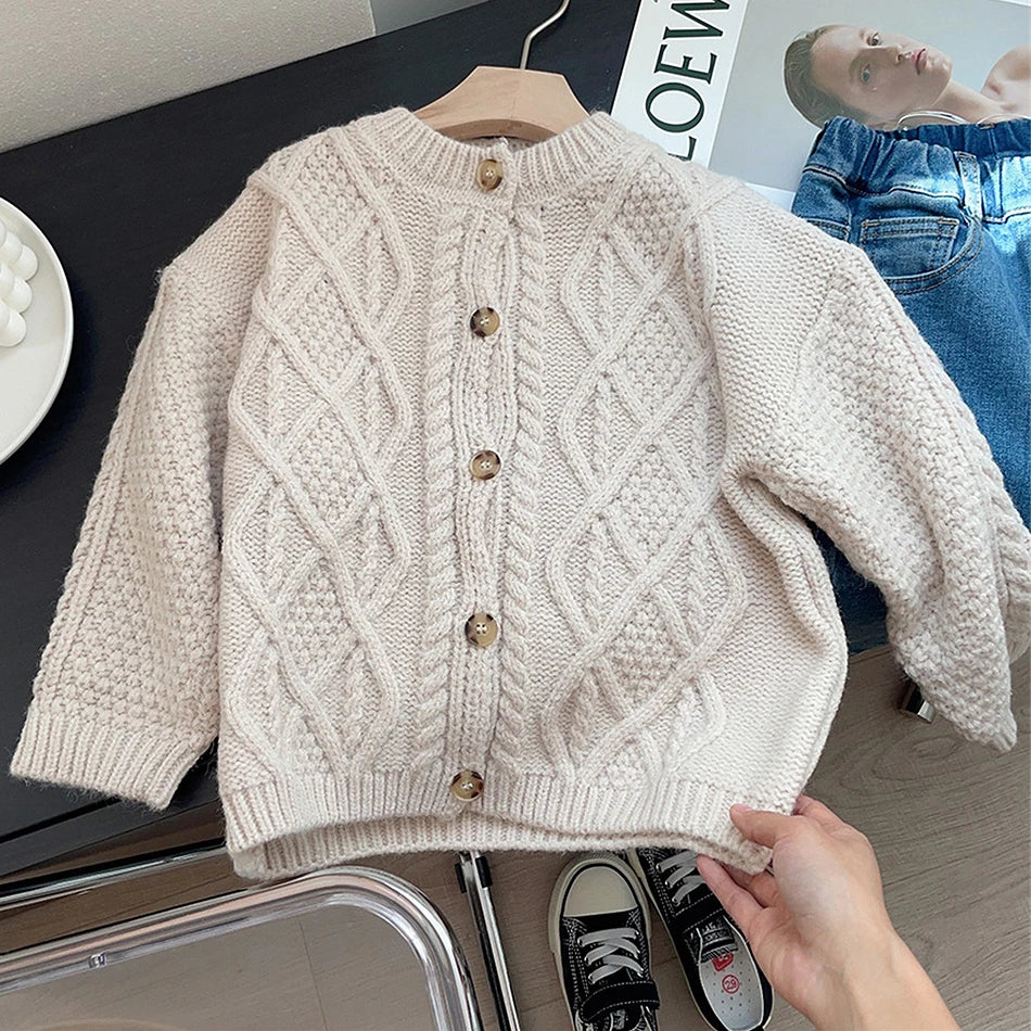 Kid Knitting Sweater Child Autumn Winter Solid Casual Cardigan Knitted Coat Baby Girls Long Sleeves Knitwear Top Twisted Clothes