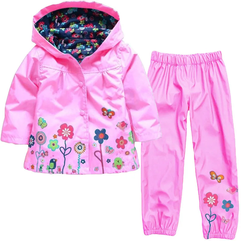 2PCS Unisex Toddler Waterproof Outfit - Spring Autumn Long-Sleeve Flower Print Coat & Pants