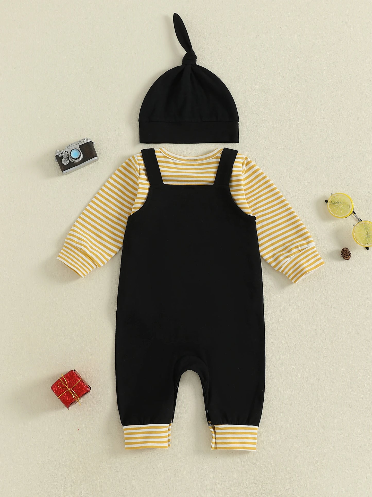 Adorable Newborn Boy 3 Piece Set with Long Sleeve Striped Romper Embroidered Overalls and Matching Hat for a Stylish Look