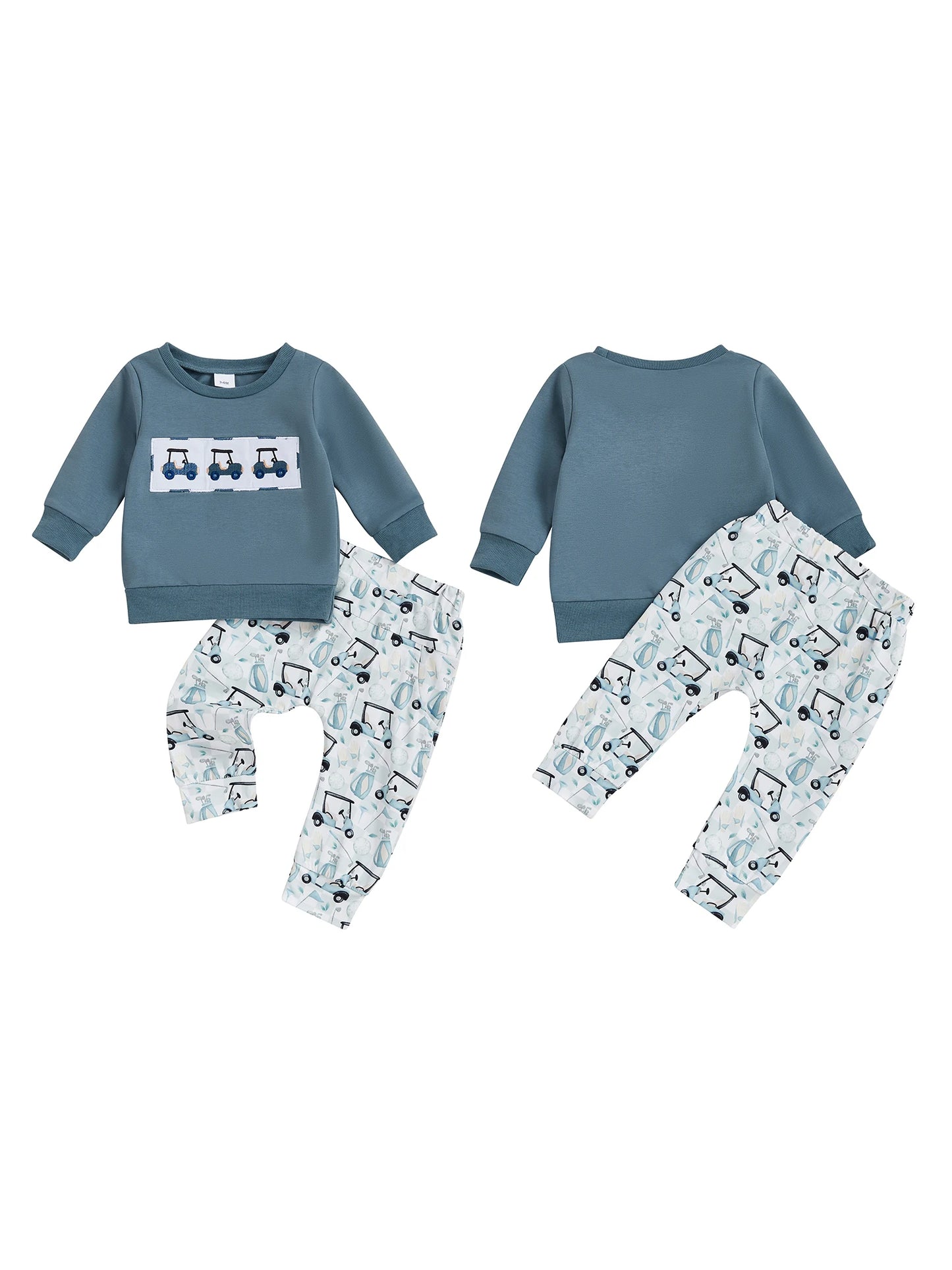 Boys Autumn Apparel Cozy Golf Carts Embroidered Sweatshirt and Pants Set for Toddlers 2-Piece Outfit for Fall