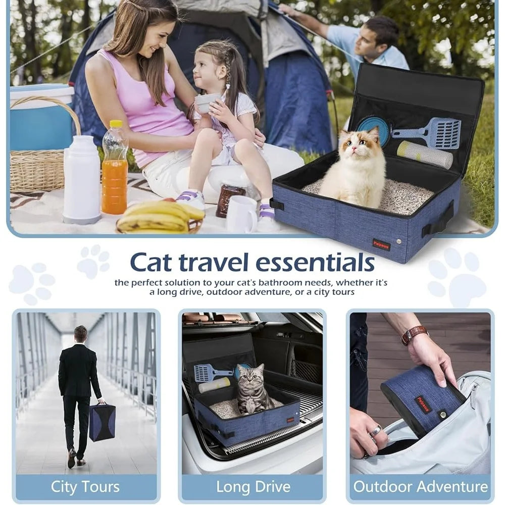 Portable Cat Travel Litter Box Collapsible Zip Lid Lightweight Leakproof Odor Control Easy Carry Cat Travel Essentials Includes