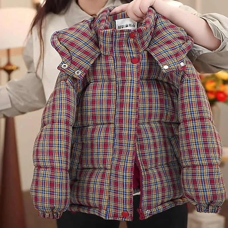 2025 New Retro Checkered Down Cotton Jacket for Children's Winter Thickened Warm Cotton Jacket Children's Coat