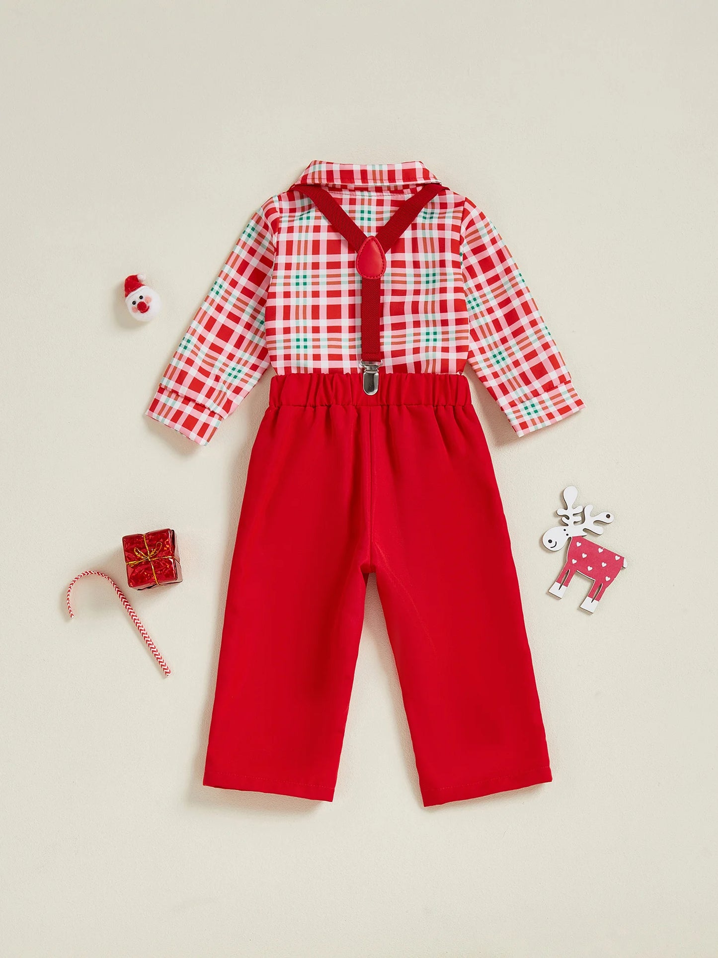 Toddler Boys Holiday Outfit Long Sleeve Plaid Shirt and Suspender Pants Set with Bow Tie Christmas Party Costume