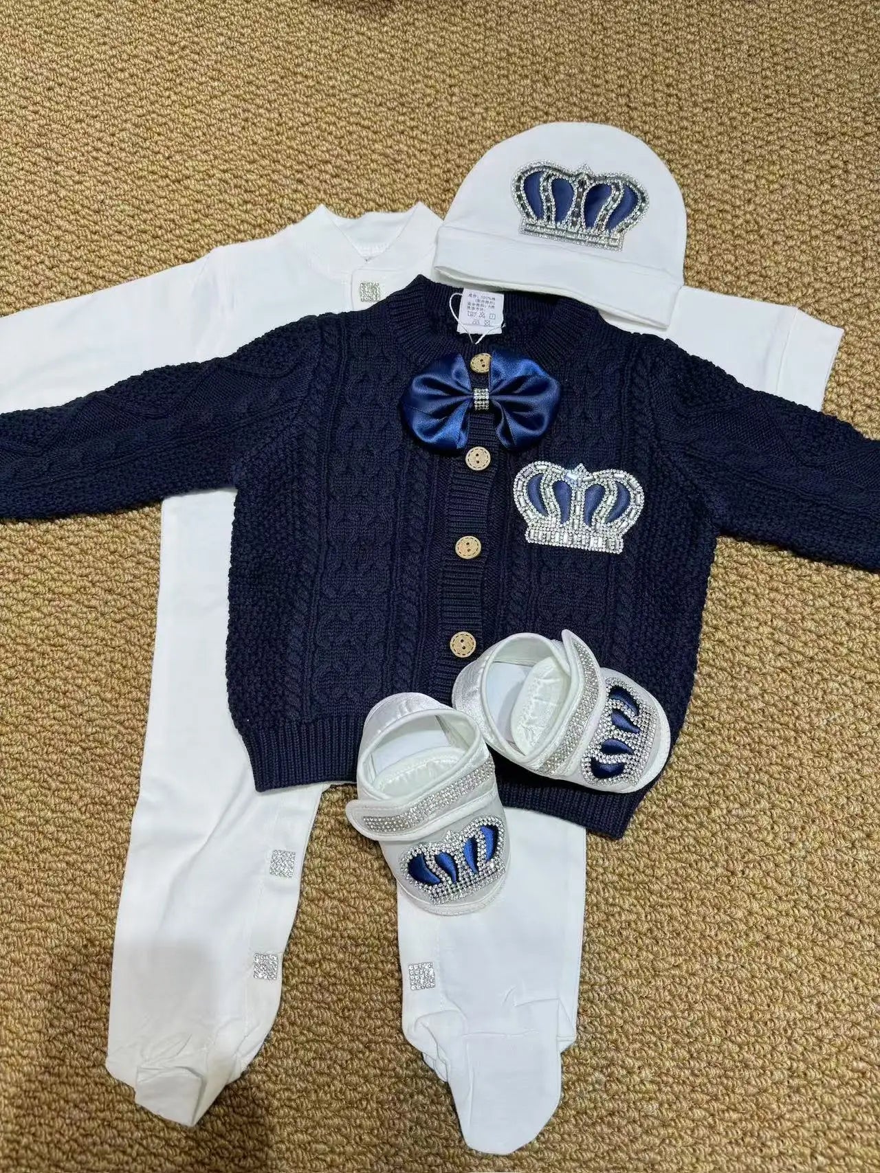 White Baptism Baby Coming Home Hospital Outfit Cotton Romper Knitted Back pants Receiving Blanket Swaddle Gift Set