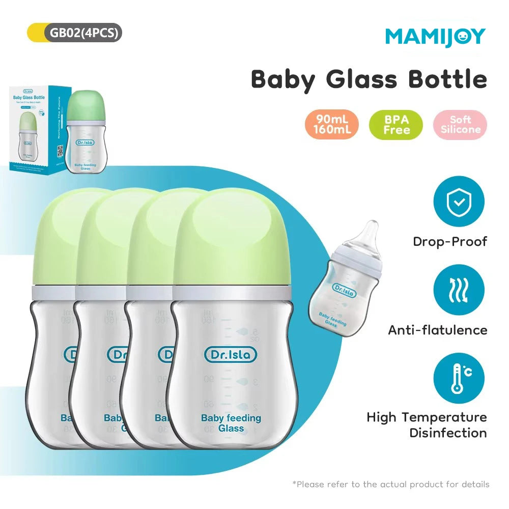 MAMIJOY 4PCS Baby Bottle Newborn Glass Bottles 90ML/160ML Anti-flatulence Milk Feeding Bottles Infant 0-3 Month BPA Free GB01＆02