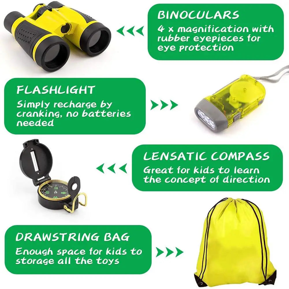 Kids Outdoor Explorer Kit With Drawstring Bag Binoculars Butterfly Net Educational Nature Exploration Toys Gift For Boys & Girls