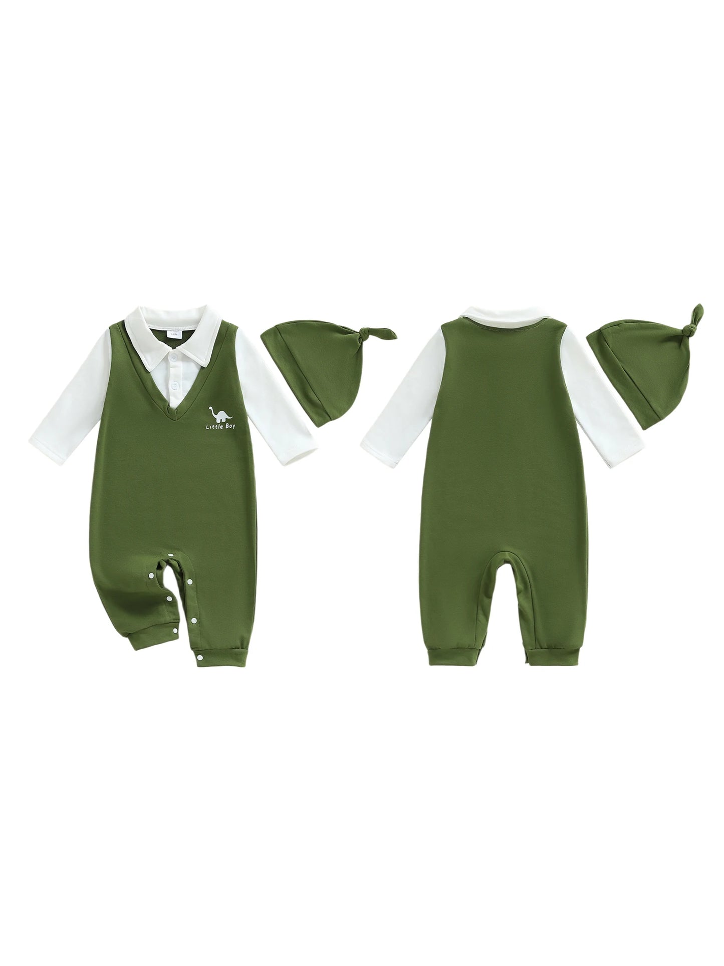 Toddler Boys Autumn Romper Color Block Long Sleeve Lapel Animal Print  Outfit with Matching Beanie