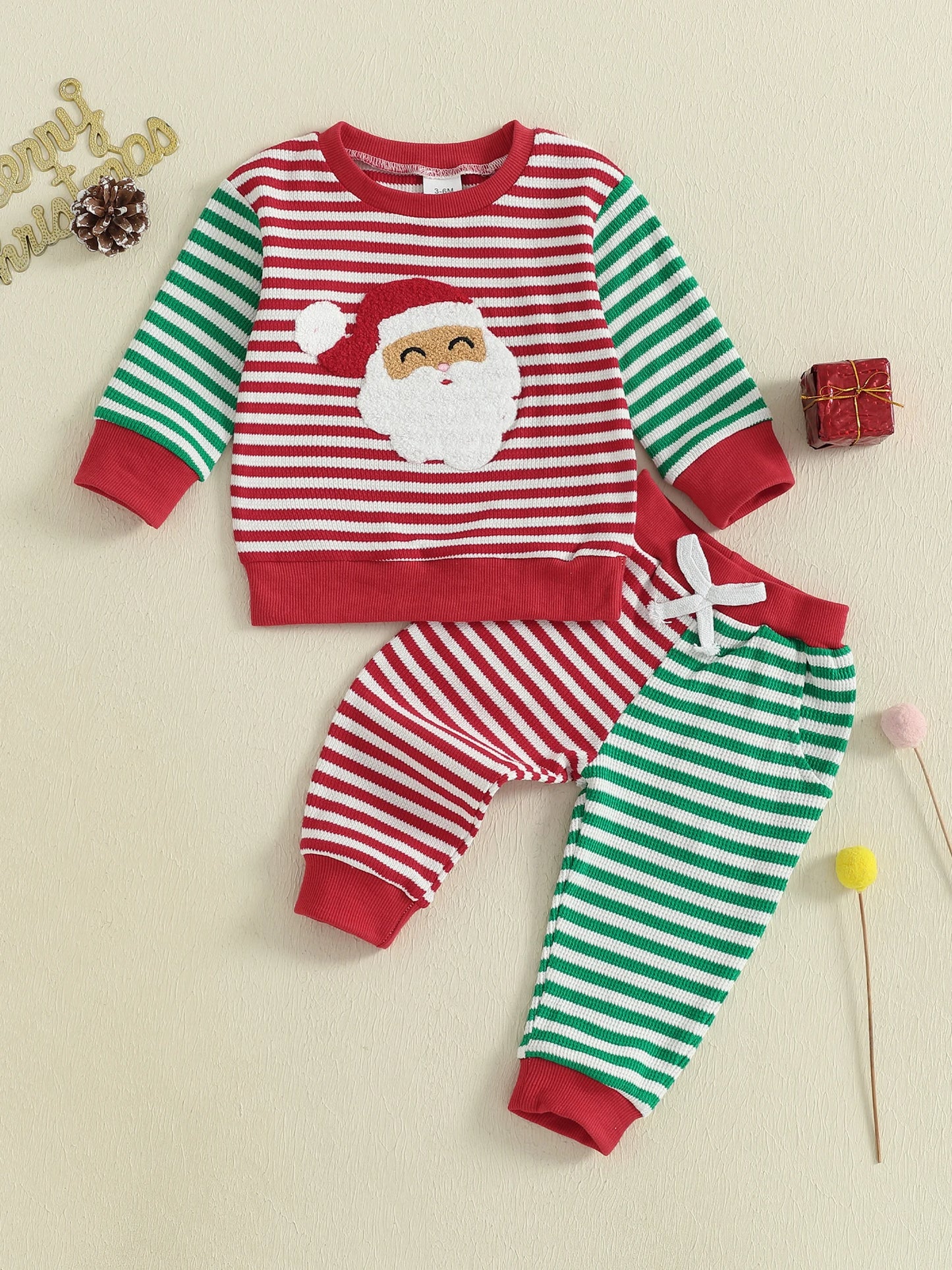 Infant Christmas Winter Outfit Reindeer Print Sweater Long Sleeve Round Neck Pullover Elastic Waist Pants 2 Pcs Set with Pocket