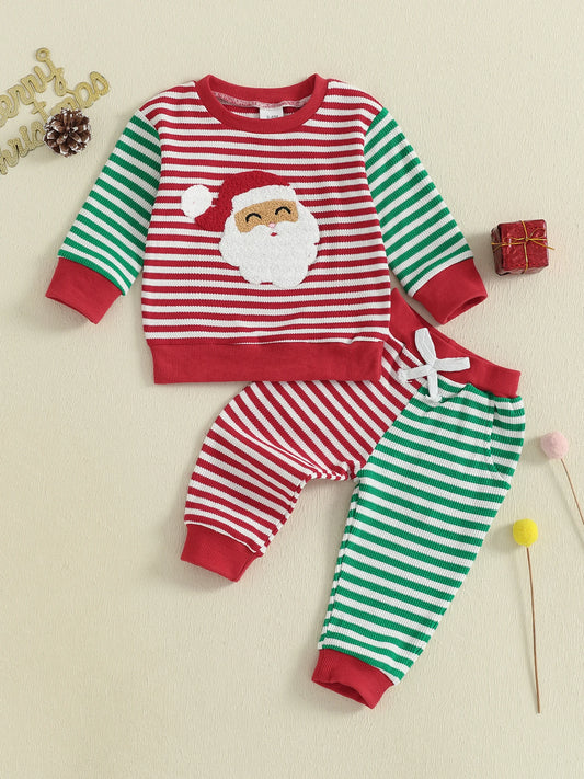 Infant Christmas Winter Outfit Reindeer Print Sweater Long Sleeve Round Neck Pullover Elastic Waist Pants 2 Pcs Set with Pocket