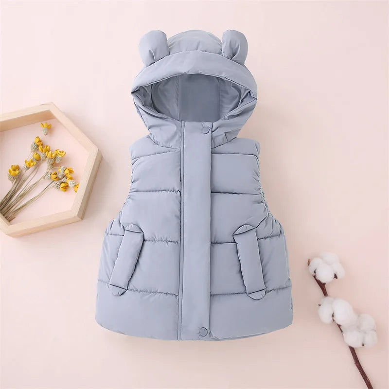 1-7Y Toddler Kids Hooded Waistcoats Solid Children Cotton Padded Warm Vests Baby Boys Girls Sleeveless Jackets Insulated Clothes