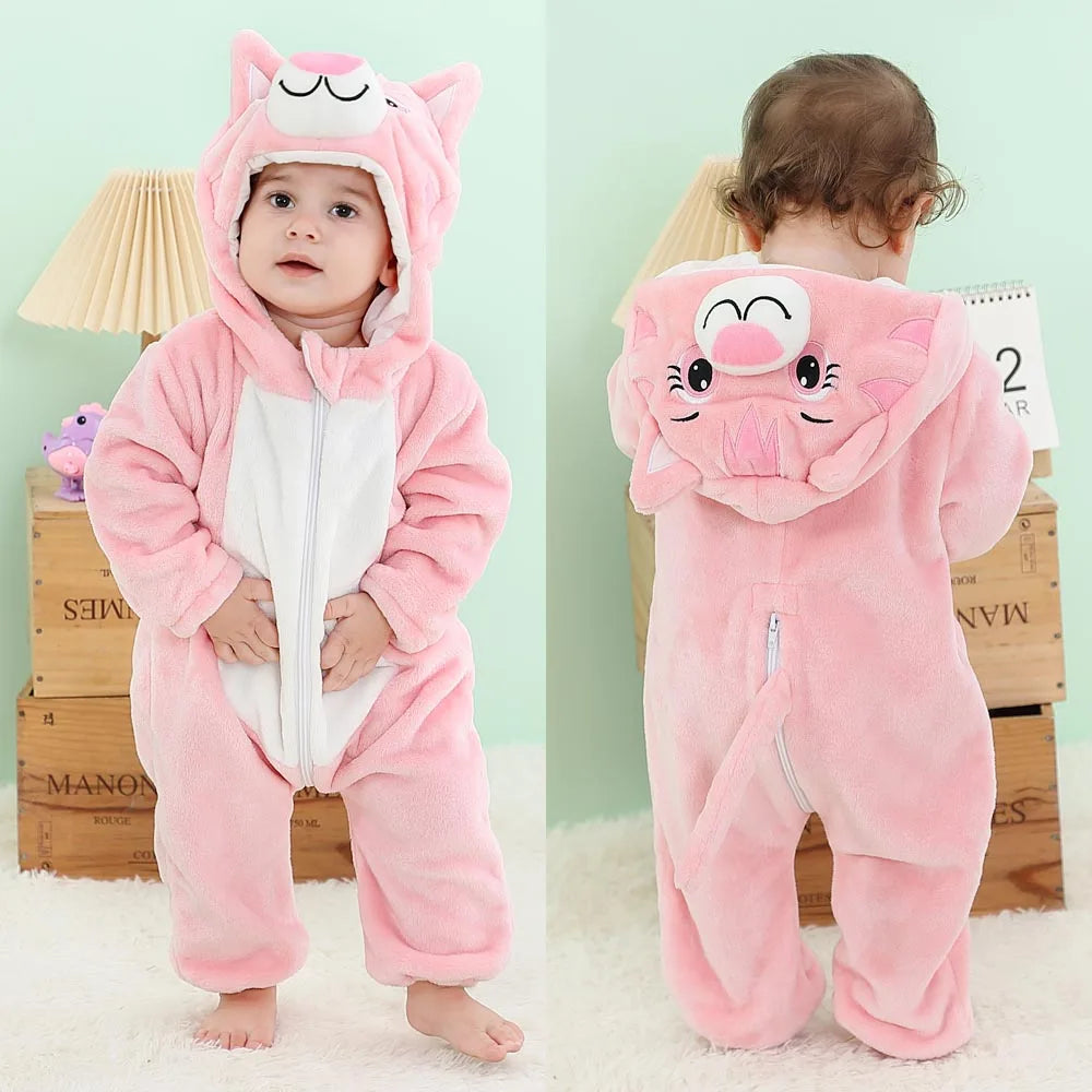 Baby Kigurumis Pajama Toddler Winter Cartoon Jumpsuit Boys Girls Plush Flannel Overalls Kids Bear Lion Penguin Dino Costumes