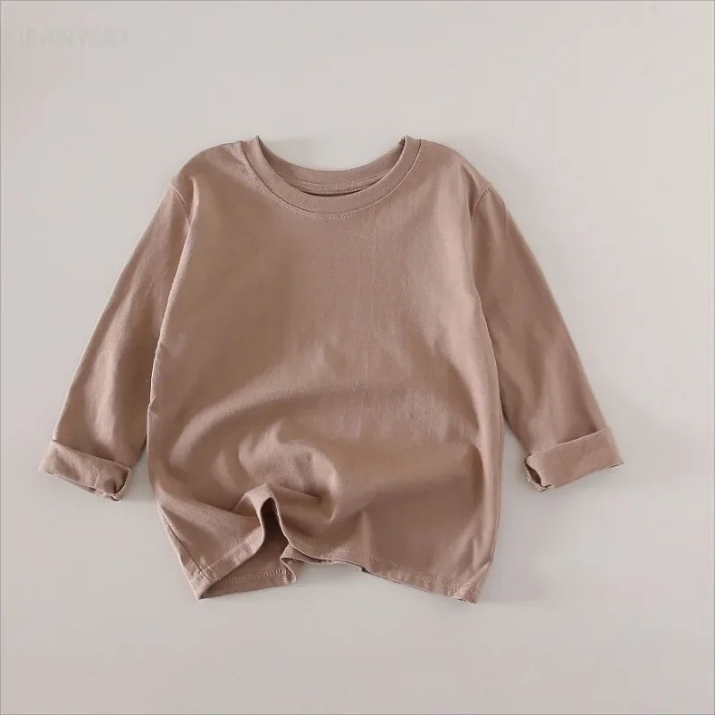 2-10Years Kids Base Shirt 2025 Spring Children's Cotton Girls' and Boys' Candy Color Long Sleeve Children's Round Neck T-shirt