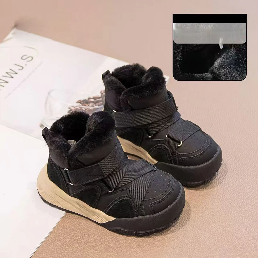 Winter Snow Boots For Children PU Leather Thick Warm Plush Boots For Boys Girls Soft Warm Cotton Shoes For Teenager Kids